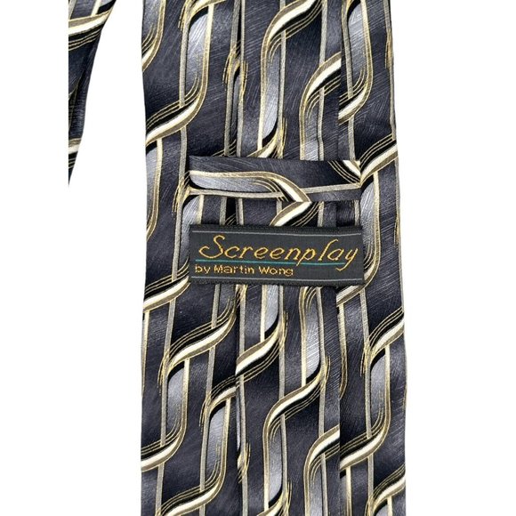 MARTIN WONG Screenplay Mens 100% Silk Tie Necktie Black Gray Silver Gold - Picture 5 of 8